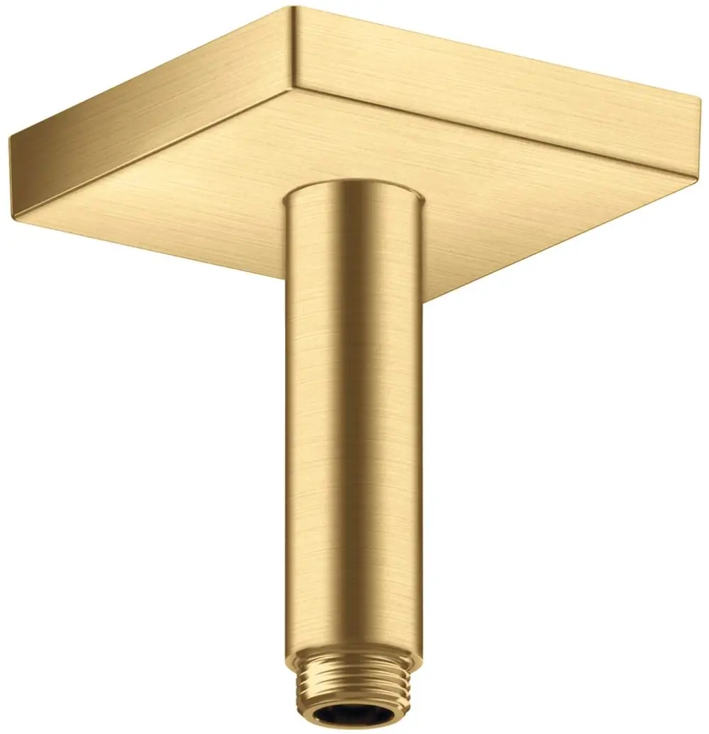 Deckenanschluss in quadratischer Form, aus gebürstetem Gold, mit einem vertikalen Anschluss. Hergestellt von AXOR für die Installation von Duschsystemen.